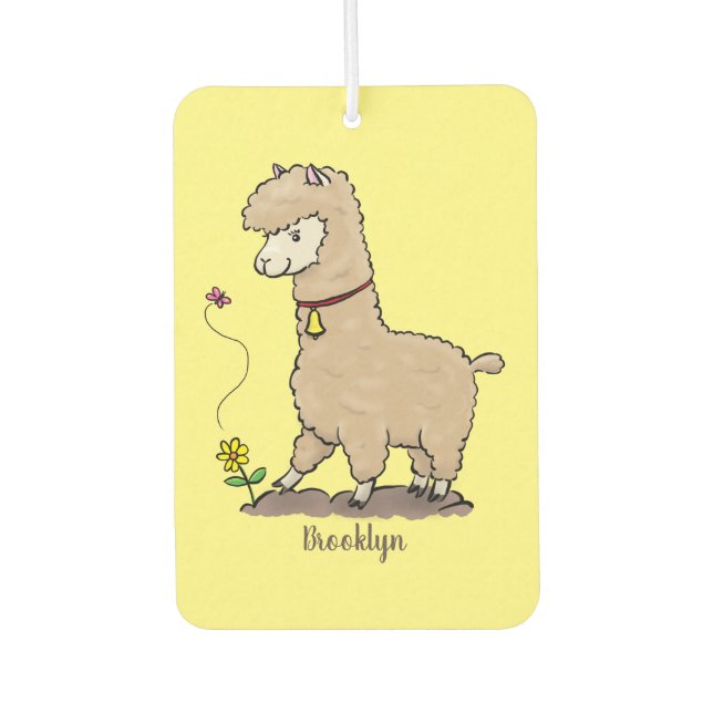 Cute happy alpaca with butterfly cartoon car air freshener (Front)