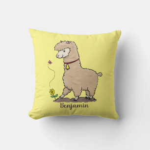 Cute happy alpaca with butterfly cartoon cushion