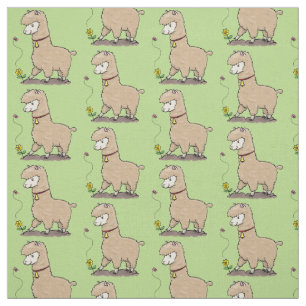 Cute happy alpaca with butterfly cartoon fabric