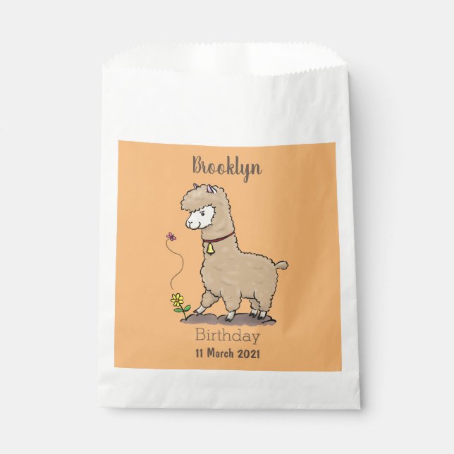 Cute happy alpaca with butterfly cartoon favour bags (Front)