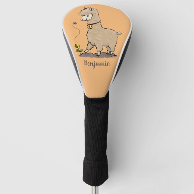 Cute happy alpaca with butterfly cartoon golf head cover (Front)