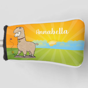 Cute happy alpaca with butterfly cartoon golf head cover