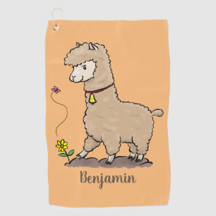 Cute happy alpaca with butterfly cartoon  golf towel