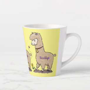 Cute happy alpaca with butterfly cartoon latte mug