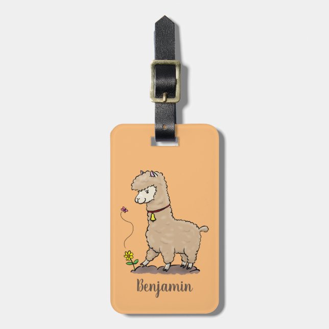 Cute happy alpaca with butterfly cartoon luggage tag (Front Vertical)