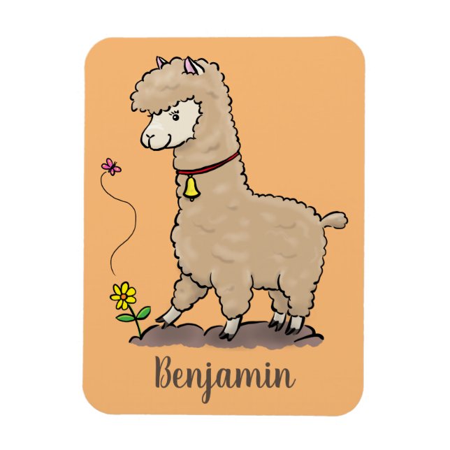 Cute happy alpaca with butterfly cartoon magnet (Vertical)