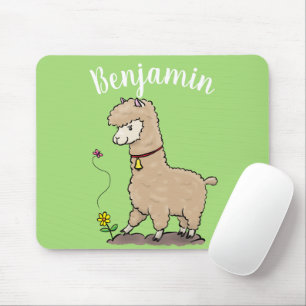 Cute happy alpaca with butterfly cartoon mouse mat