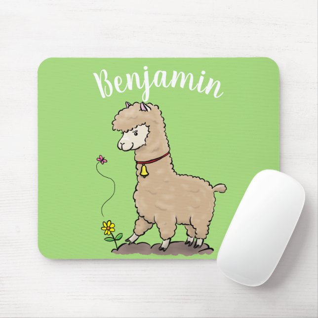 Cute happy alpaca with butterfly cartoon mouse mat (With Mouse)