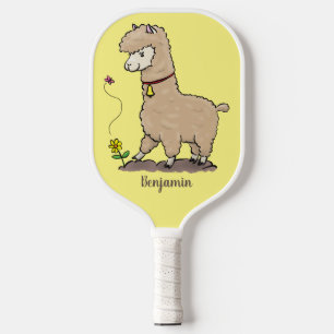 Cute happy alpaca with butterfly cartoon pickleball paddle