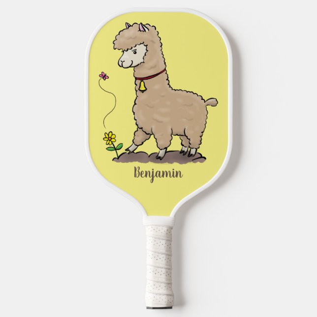 Cute happy alpaca with butterfly cartoon  pickleball paddle (Front)