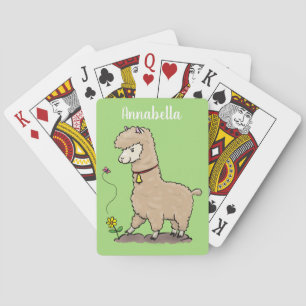 Cute happy alpaca with butterfly cartoon playing cards