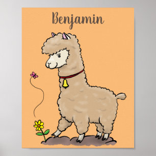 Cute happy alpaca with butterfly cartoon poster