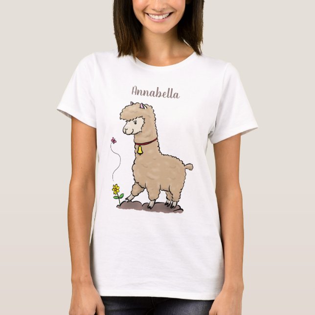 Cute happy alpaca with butterfly cartoon T-Shirt (Front)