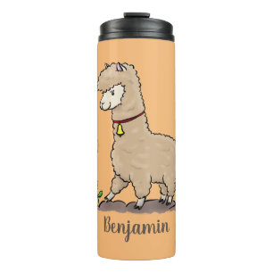 Cute happy alpaca with butterfly cartoon thermal tumbler