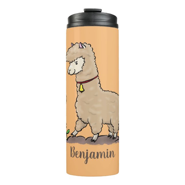 Cute happy alpaca with butterfly cartoon thermal tumbler (Front)