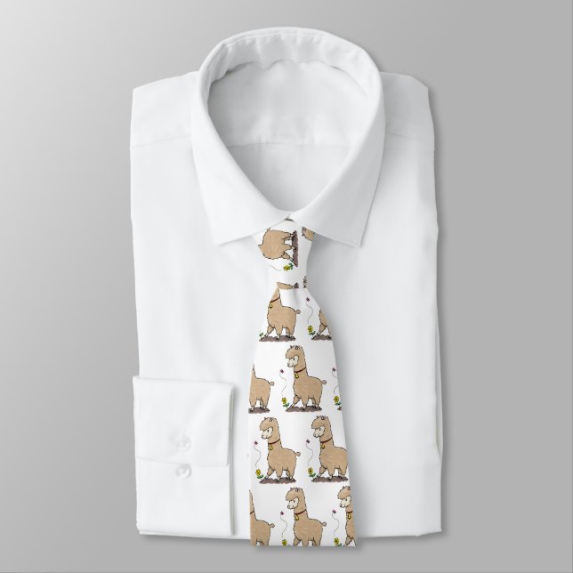 Cute happy alpaca with butterfly cartoon tie (Tied)