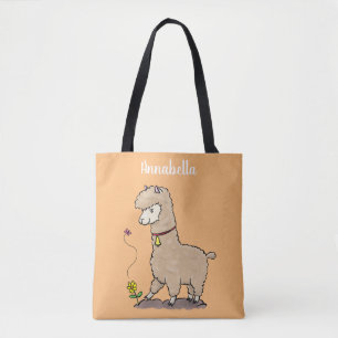 Cute happy alpaca with butterfly cartoon tote bag