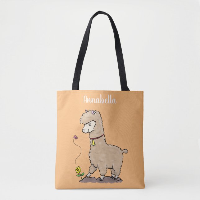Cute happy alpaca with butterfly cartoon tote bag (Front)