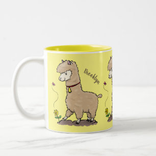 Cute happy alpaca with butterfly cartoon Two-Tone coffee mug