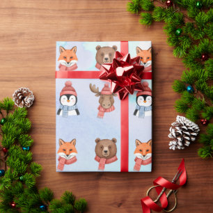 Cute Happy Animal Blue Watercolor Christmas Wrapping Paper