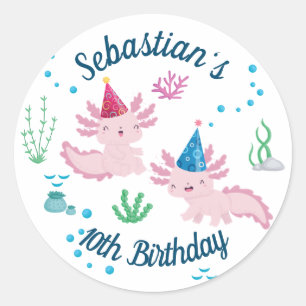 Cute Happy Axolotl White Birthday Party Classic Round Sticker