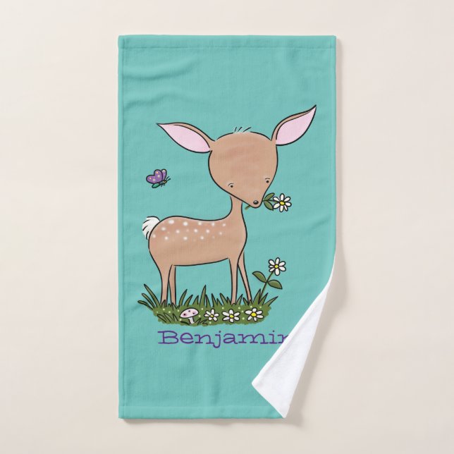 Cute happy baby deer cartoon illustration bath towel set (Hand Towel)