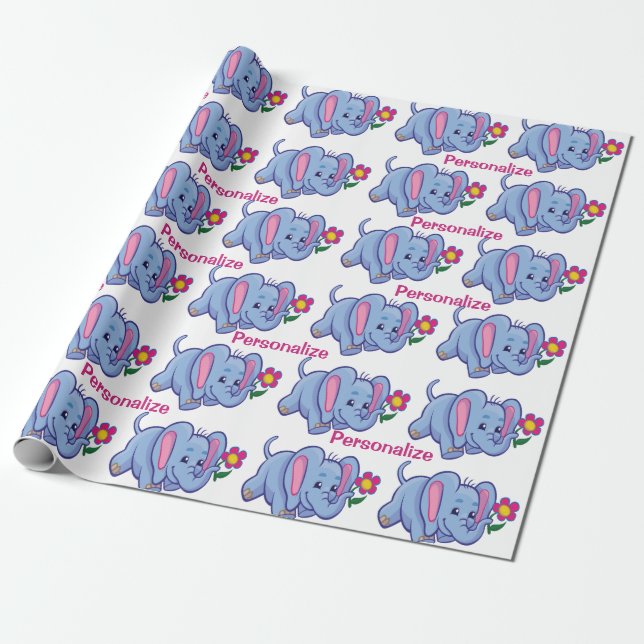 Cute & Happy Baby Elephant Cartoon Personalise Wrapping Paper (Unrolled)