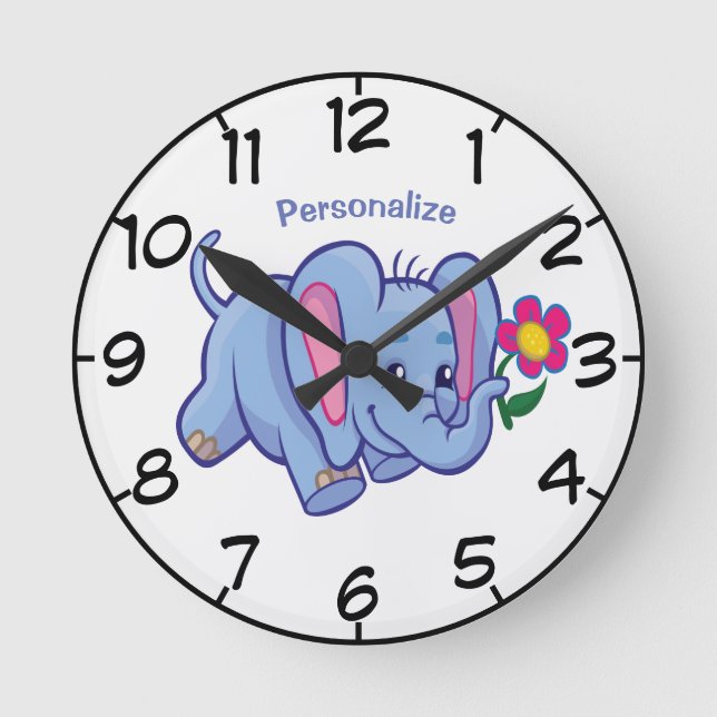 Cute & Happy Baby Elephant Cartoon Personalize Round Clock (Front)