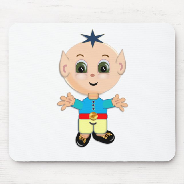 Cute happy baby elf in blue and yellow clothes mouse mat (Front)