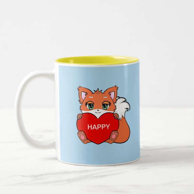 Cute Happy Baby Fox with Heart Two-Tone Coffee Mug (Left)
