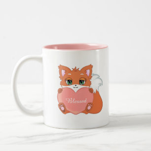 Cute Happy Baby Fox with Pink Heart Two-Tone Coffee Mug