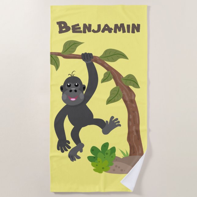 Cute happy baby gorilla cartoon illustration beach towel (Front)