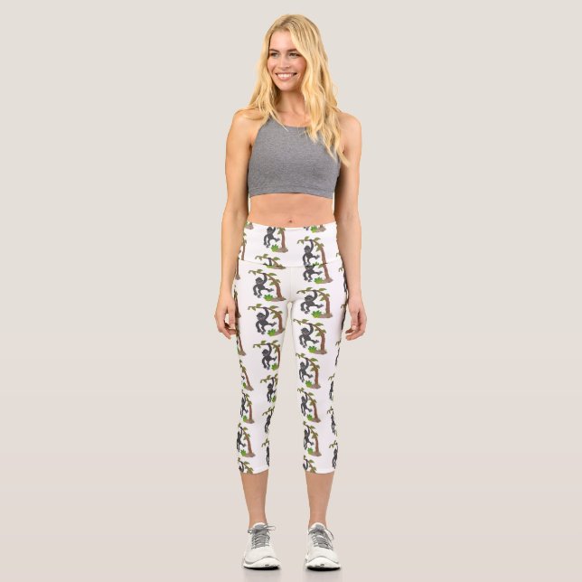 Cute happy baby gorilla cartoon illustration capri leggings (Front)