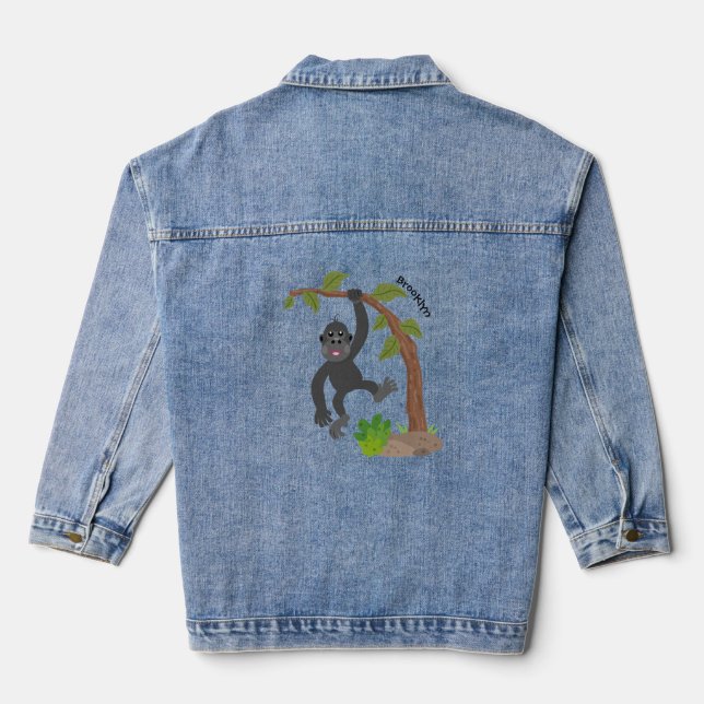 Cute happy baby gorilla cartoon illustration denim jacket (Back)