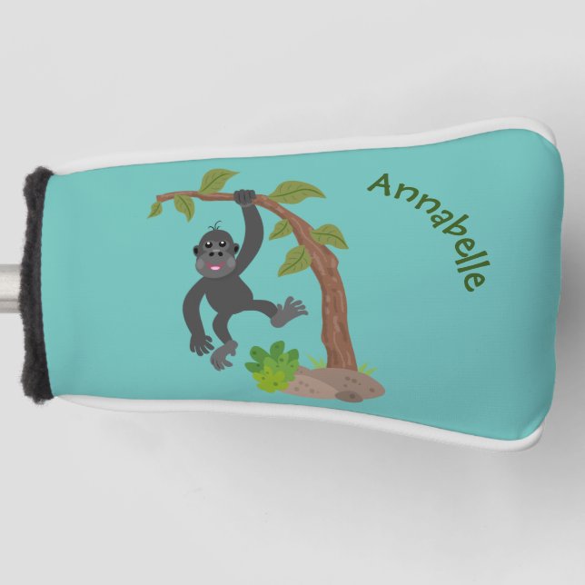 Cute happy baby gorilla cartoon illustration golf head cover (Front)