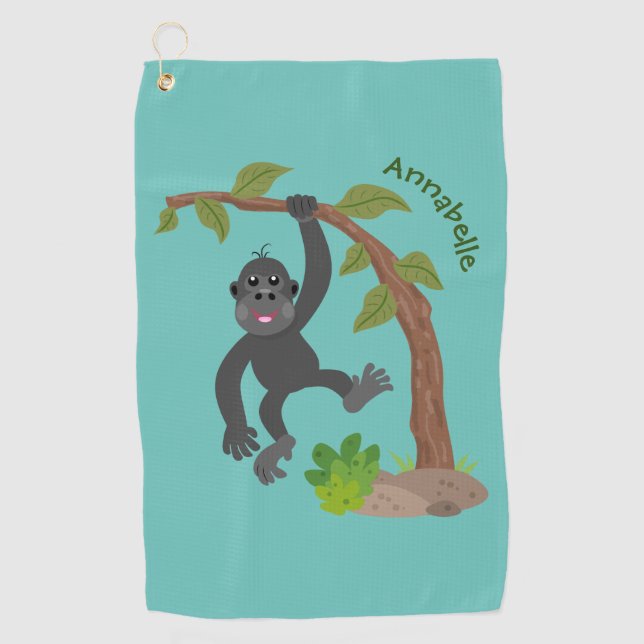 Cute happy baby gorilla cartoon illustration  golf towel (Front)