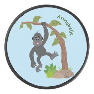 Cute happy baby gorilla cartoon illustration hockey puck