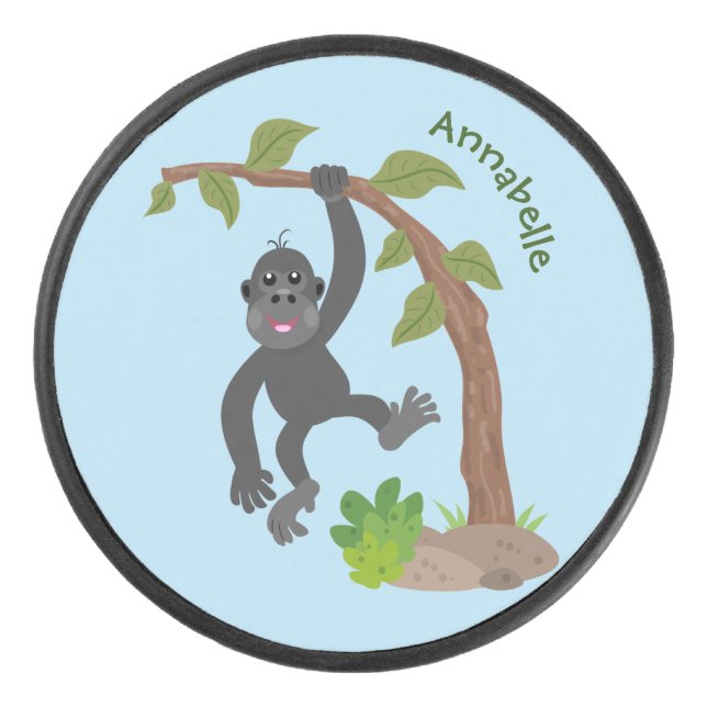 Cute happy baby gorilla cartoon illustration hockey puck (Front)