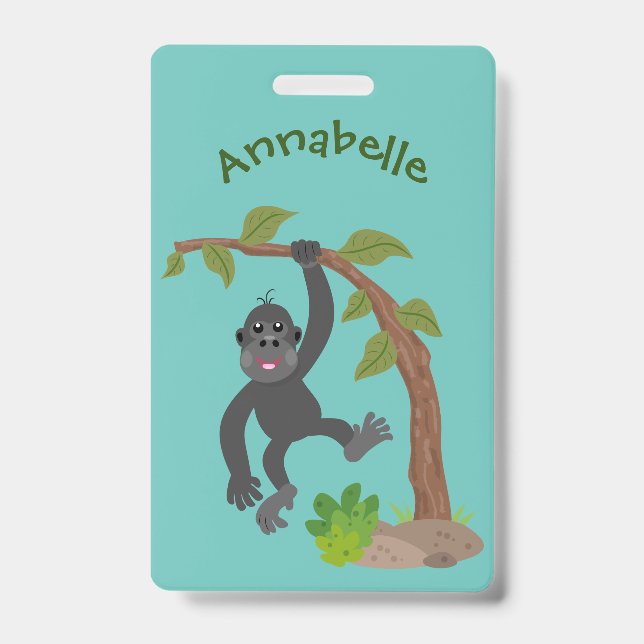 Cute happy baby gorilla cartoon illustration ID badge (Front)