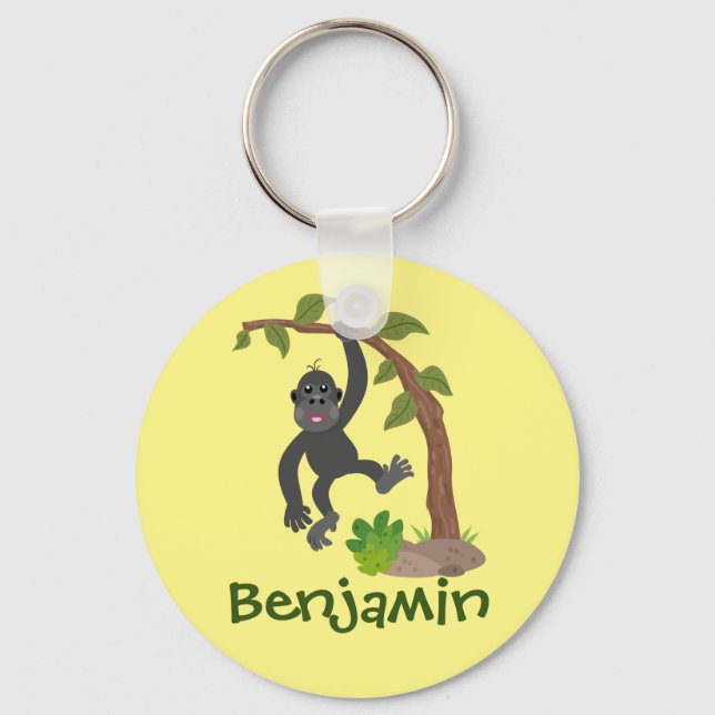Cute happy baby gorilla cartoon illustration key ring (Front)