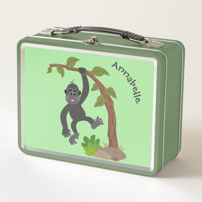 Cute happy baby gorilla cartoon illustration metal lunch box (Front)