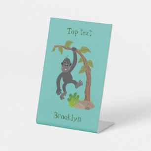 Cute happy baby gorilla cartoon illustration pedestal sign