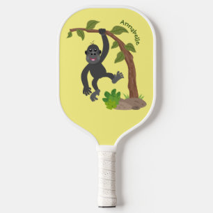 Cute happy baby gorilla cartoon illustration pickleball paddle