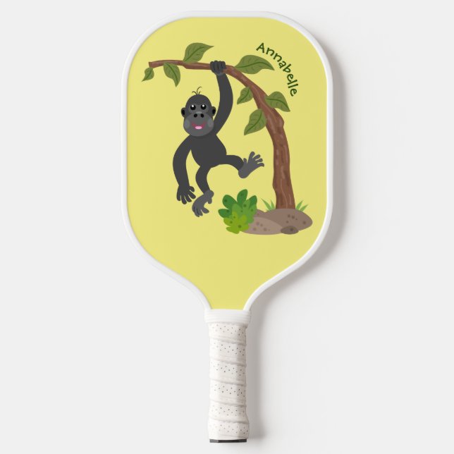 Cute happy baby gorilla cartoon illustration  pickleball paddle (Front)