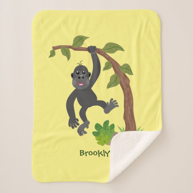 Cute happy baby gorilla cartoon illustration  sherpa blanket (Front)