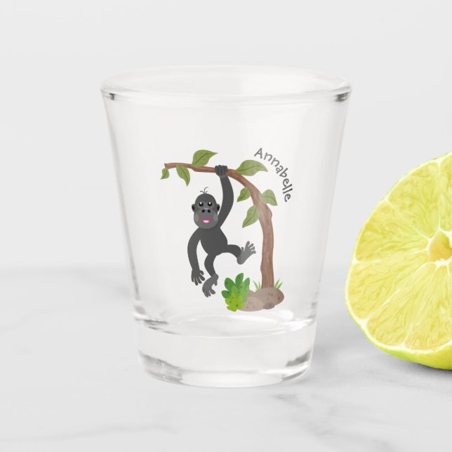 Cute happy baby gorilla cartoon illustration shot glass (Front)
