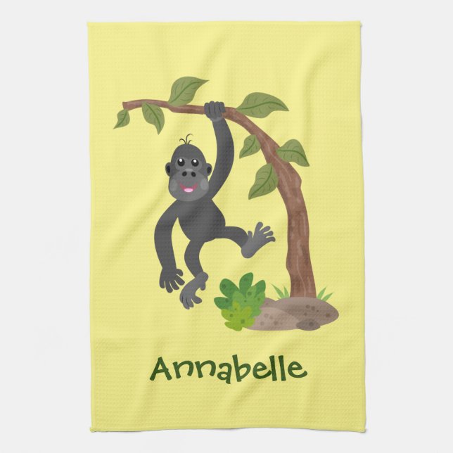 Cute happy baby gorilla cartoon illustration tea towel (Vertical)