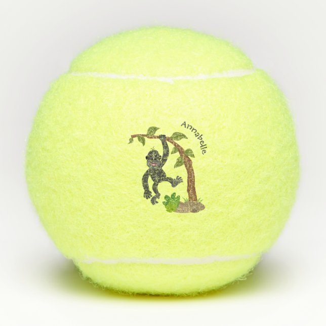 Cute happy baby gorilla cartoon illustration tennis balls (Front)