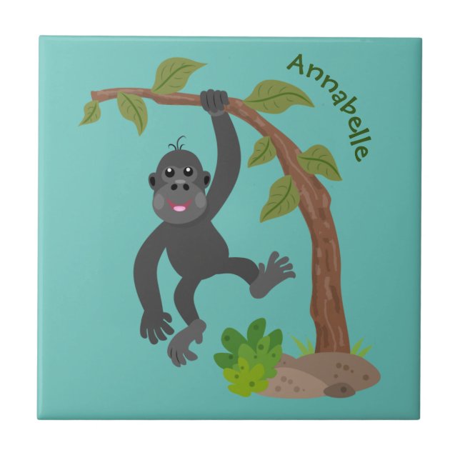Cute happy baby gorilla cartoon illustration tile (Front)