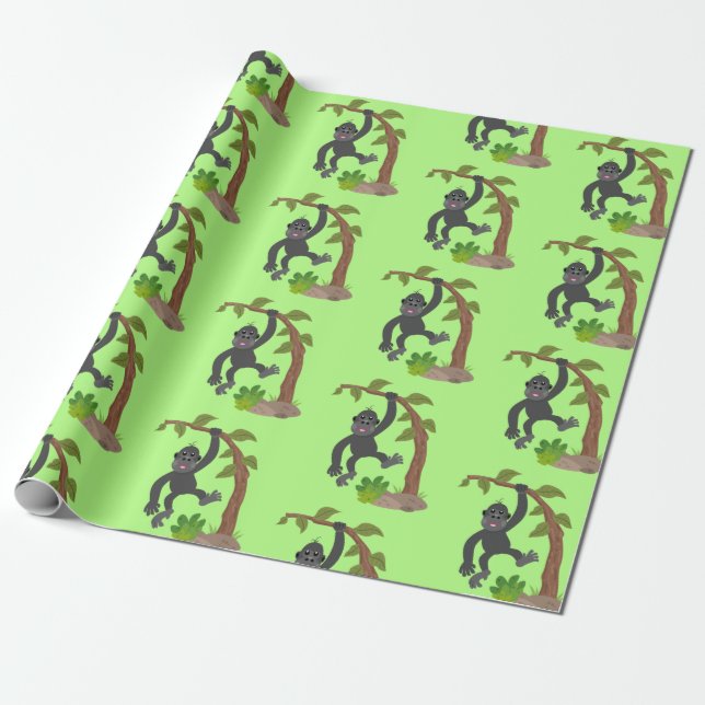 Cute happy baby gorilla cartoon illustration wrapping paper (Unrolled)